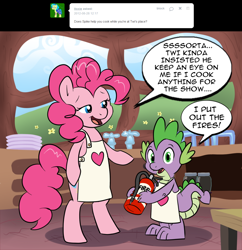 Size: 1156x1196 | Tagged: safe, artist:pippy, character:pinkie pie, character:spike, species:dragon, species:earth pony, species:pony, apron, bipedal, clothing, dialogue, duo, female, fire extinguisher, looking at you, male, mare, pinkiepieskitchen, speech bubble