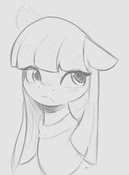 Size: 660x899 | Tagged: safe, artist:tre, character:maud pie, species:earth pony, species:pony, bust, female, floppy ears, frock coat, gray background, grayscale, looking sideways, looking to the right, looking up, mare, monochrome, simple background, sketch, solo