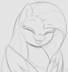 Size: 694x742 | Tagged: safe, artist:tre, character:fluttershy, species:pegasus, species:pony, bust, cute, eyes closed, female, gray background, grayscale, mare, monochrome, open mouth, raised eyebrows, shyabetes, simple background, sketch, smiling, solo, wings