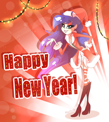 Size: 1986x2215 | Tagged: safe, artist:marbola, character:princess luna, species:human, 2020, boots, breasts, christmas, clothing, costume, delicious flat chest, eyeshadow, female, happy new year, happy new year 2020, hat, high heel boots, holiday, humanized, lipstick, looking at you, makeup, santa costume, santa hat, shoes, smiling, socks, solo, striped socks