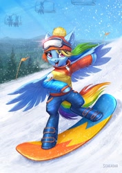 Size: 1200x1697 | Tagged: safe, artist:scheadar, character:rainbow dash, species:pegasus, species:pony, clothing, female, hay, jacket, looking at you, mare, open mouth, pants, semi-anthro, smiling, snow, snowboard, snowboarding, solo, standing, winter hat