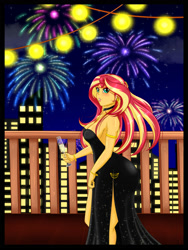 Size: 1500x2000 | Tagged: safe, artist:albertbm, character:sunset shimmer, my little pony:equestria girls, bracelet, breasts, busty sunset shimmer, champagne, champagne glass, city, cleavage, clothing, dress, ear piercing, earring, elegant, fireworks, jewelry, light, piercing, sexy, side slit, skyline, sleeveless, strapless, stupid sexy sunset shimmer