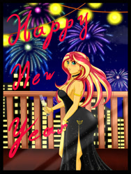 Size: 1500x2000 | Tagged: safe, alternate version, artist:albertbm, character:sunset shimmer, my little pony:equestria girls, 2020, breasts, busty sunset shimmer, champagne, champagne glass, city, cleavage, clothing, dress, elegant, fireworks, happy new year, happy new year 2020, holiday, light, sexy, side slit, skyline, sleeveless, strapless, stupid sexy sunset shimmer, text, total sideslit