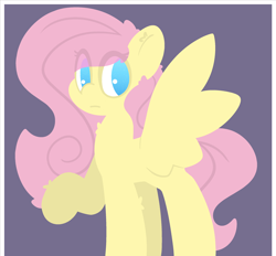 Size: 2620x2433 | Tagged: safe, artist:moonydusk, character:fluttershy, species:pegasus, species:pony, colored, eye clipping through hair, female, flat colors, looking at you, mare, no pupils, raised hoof, simple background, solo, spread wings, standing, three quarter view, wings