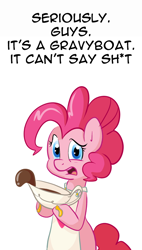 Size: 500x882 | Tagged: safe, artist:pippy, character:pinkie pie, species:pony, episode:keep calm and flutter on, g4, my little pony: friendship is magic, apron, ask discorded gravy boat, clothing, female, gravy, gravy boat, pinkiepieskitchen, simple background, solo, vulgar, white background