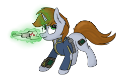 Size: 3254x2060 | Tagged: safe, artist:aaathebap, oc, oc only, oc:littlepip, species:pony, species:unicorn, fallout equestria, clothing, fanfic, fanfic art, female, glowing horn, gun, handgun, hooves, horn, levitation, little macintosh, magic, mare, optical sight, pipbuck, revolver, scope, simple background, solo, telekinesis, transparent background, vault suit, weapon
