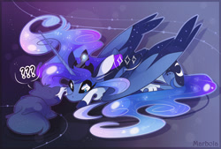 Size: 2844x1920 | Tagged: safe, artist:marbola, character:princess luna, species:alicorn, species:pony, cat, crown, cute, digital art, female, hoof shoes, jewelry, looking at each other, lunabetes, mare, prone, question mark, regalia, solo