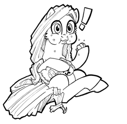 Size: 1231x1200 | Tagged: safe, artist:abronyaccount, oc, oc:phrase turner, ponysona, 2020 community collab, derpibooru community collaboration, aweeg*, black and white, chips, crumbs, exclamation point, food, grayscale, ink drawing, long mane, long tail, male, monochrome, potato chips, simple background, solo, startled, surprised, traditional art, transparent background