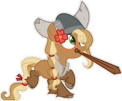 Size: 1709x1415 | Tagged: safe, artist:rerorir, oc, oc:manyunya, species:earth pony, species:pony, female, filly, helmet, horned helmet, mouth hold, simple background, solo, transparent background, wooden sword