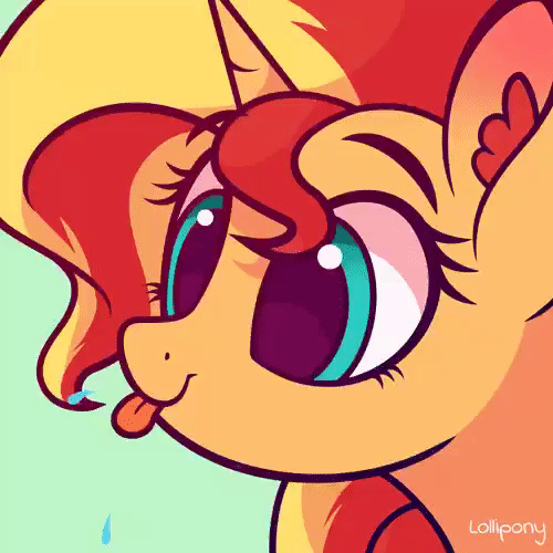 Size: 500x500 | Tagged: safe, artist:lollipony, part of a set, character:sunset shimmer, species:pony, species:unicorn, animated, blep, bust, cute, ear fluff, eye shimmer, female, gif, green background, mare, pbbtt, portrait, raspberry, shimmerbetes, silly, silly pony, simple background, solo, spit, spittle, tongue out, ych result