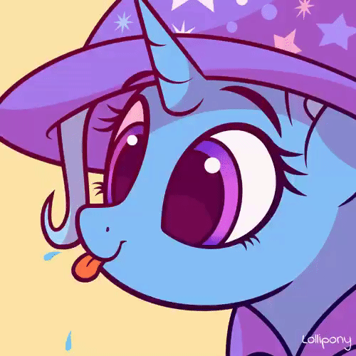 Size: 500x500 | Tagged: safe, artist:lollipony, part of a set, character:trixie, species:pony, species:unicorn, animated, blep, bust, cape, clothing, cute, diatrixes, eye shimmer, female, gif, hat, mare, pbbtt, portrait, raspberry, silly, silly pony, simple background, solo, spit, spittle, tongue out, trixie's cape, trixie's hat, ych result, yellow background