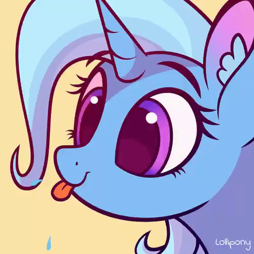 Size: 500x500 | Tagged: safe, alternate version, artist:lollipony, part of a set, character:trixie, species:pony, species:unicorn, animated, blep, bust, cute, diatrixes, ear fluff, eye shimmer, female, gif, mare, pbbtt, portrait, raspberry, silly, silly pony, simple background, solo, spit, spittle, tongue out, ych result, yellow background