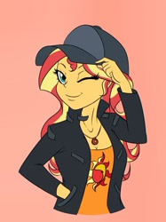 Size: 1280x1707 | Tagged: safe, artist:albertbm, character:sunset shimmer, episode:display of affection, g4, my little pony: equestria girls, my little pony:equestria girls, cap, clothing, cute, cutie mark on clothes, female, flanksy, geode of empathy, hand in pocket, hat, magical geodes, one eye closed, shimmerbetes, smiling, solo, wink