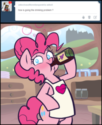 Size: 810x994 | Tagged: safe, artist:pippy, character:pinkie pie, species:pony, alcohol, apron, bipedal, bottle, clothing, female, pinkiepieskitchen, solo, wine