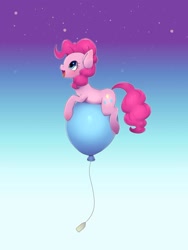 Size: 1024x1365 | Tagged: safe, artist:ayahana, character:pinkie pie, species:earth pony, species:pony, balloon, cute, diapinkes, female, floating, gradient background, mare, open mouth, profile, prone, sky, solo, then watch her balloons lift her up to the sky