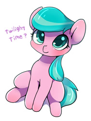 Size: 1050x1400 | Tagged: safe, artist:ayahana, character:aquamarine, species:earth pony, species:pony, episode:twilight time, g4, my little pony: friendship is magic, background pony, cute, female, filly, pixiv, simple background, sitting, solo, white background