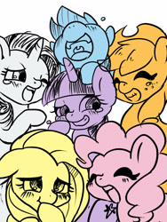 Size: 1200x1600 | Tagged: safe, artist:ayahana, character:applejack, character:fluttershy, character:pinkie pie, character:rainbow dash, character:rarity, character:twilight sparkle, species:pony, crying, cute, eyes closed, female, floppy ears, laughing, laughingmares.jpg, limited palette, mane six, mare, nose in the air, open mouth, pixiv, simple background, smiling, tears of laughter, teary eyes, white background