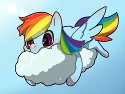 Size: 1600x1200 | Tagged: safe, artist:ayahana, character:rainbow dash, species:pegasus, species:pony, cloud, cute, dashabetes, female, flying, mare, on a cloud, pixiv, prone, sky, solo