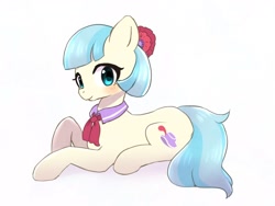 Size: 1600x1200 | Tagged: safe, artist:ayahana, character:coco pommel, species:earth pony, species:pony, cocobetes, cute, female, looking at you, mare, prone, simple background, solo, white background