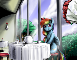 Size: 1920x1483 | Tagged: safe, artist:aphexangel, character:rainbow dash, species:pegasus, species:pony, crepuscular rays, cup, date, female, interior, looking at you, mare, restaurant, rose, sitting, smiling, solo, table, teapot, window