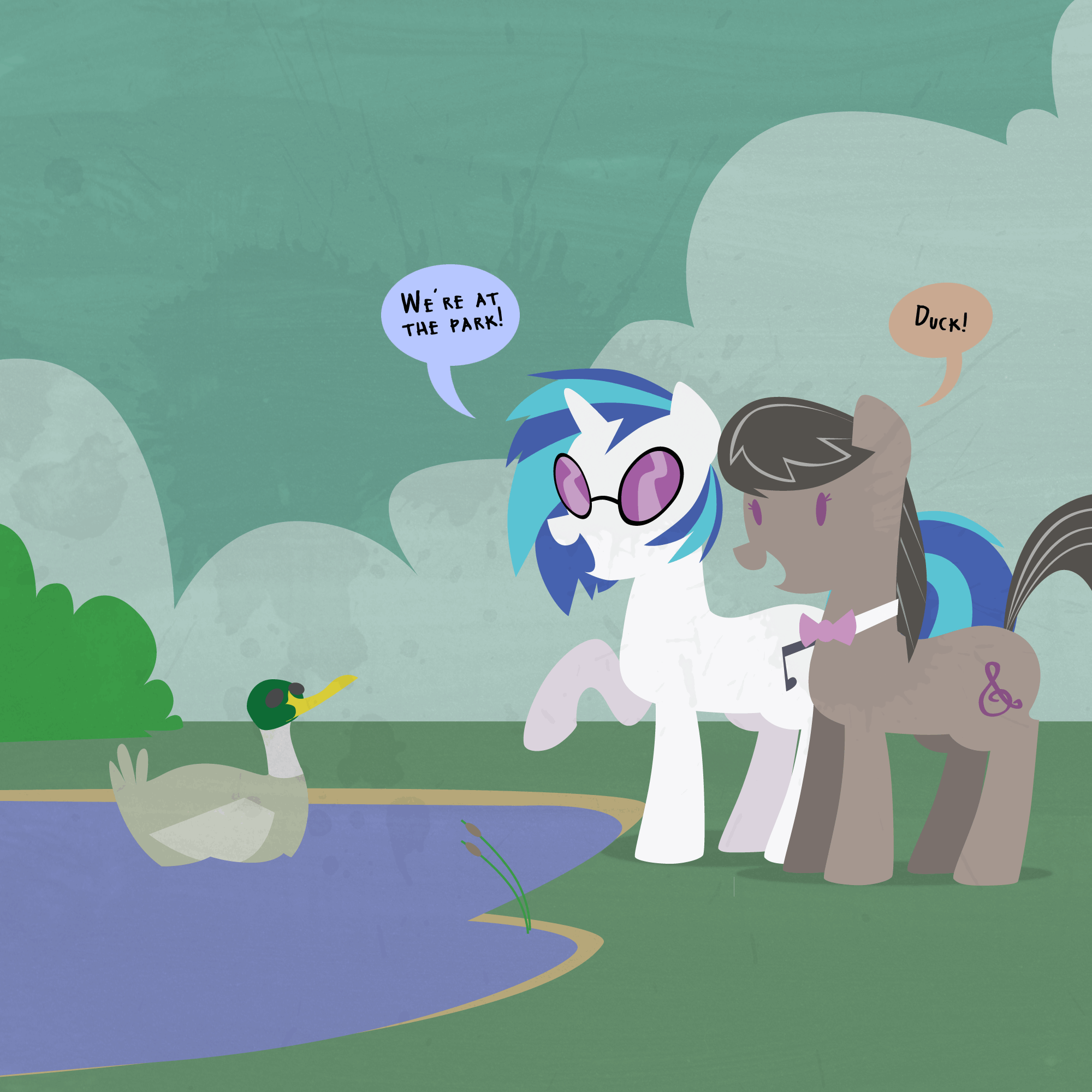 Size: 2000x2000 | Tagged: safe, artist:professor-ponyarity, character:dj pon-3, character:octavia melody, character:vinyl scratch, species:duck, captain obvious, park