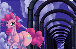 Size: 3543x2290 | Tagged: safe, artist:pantheracantus, character:pinkie pie, species:earth pony, species:pony, arch, cloud, colored, digital art, smiling