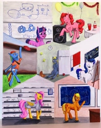 Size: 3003x3801 | Tagged: safe, artist:kopaleo, character:applejack, character:derpy hooves, character:fluttershy, character:pinkie pie, character:rainbow dash, character:rarity, character:twilight sparkle, character:twilight sparkle (unicorn), species:pony, species:unicorn, art, australian football, balloon, biology, blueprint, category theory, clipboard, clock, clothing, composition ii in red blue and yellow, dancing, easel, eating, feather boa, food, hard hat, hat, knot theory, lab, lab coat, lecture, mane six, manifold, math, modern art, painting, parody, party, partying, pen, physics, piet mondrian, pizza, pizza box, plant, refrigerator, rocket science, soda, starry night, the starry night, thinking, tired, topology, vincent van gogh