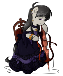 Size: 771x916 | Tagged: safe, artist:secret-pony, character:octavia melody, cello, chair, clothing, dress, electric cello, female, musical instrument, solo