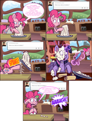 Size: 1602x2106 | Tagged: safe, artist:pippy, character:pinkie pie, character:twilight sparkle, character:twilight sparkle (alicorn), species:alicorn, species:pony, apron, close encounters of the third kind, clothing, food, magic, mashed potatoes, pinkiepieskitchen, potato, quill, scroll