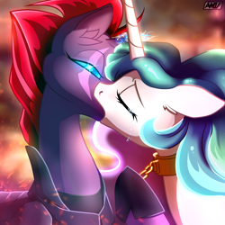 Size: 3500x3500 | Tagged: safe, artist:amiro, artist:candasaurus, character:princess celestia, character:tempest shadow, species:alicorn, species:pony, species:unicorn, my little pony: the movie (2017), armor, bedroom eyes, bondage, broken horn, chains, collar, crying, eyes closed, female, femdom, femsub, floppy ears, forced, forced kiss, hoof hold, horn, horns are touching, kissing, leash, lesbian, mare, shipping, sparking horn, sublestia, submissive, tempestia