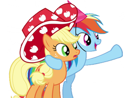 Size: 950x724 | Tagged: safe, artist:kayman13, edit, edited screencap, screencap, character:applejack, character:rainbow dash, species:earth pony, species:pegasus, species:pony, episode:daring don't, g4, my little pony: friendship is magic, apple hat, background removed, clothing, duo, everywhere meme pony edition, female, hat, mare, party hat, party stetson, pointing, simple background, transparent background