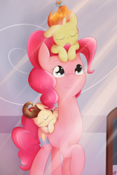 Size: 2000x3000 | Tagged: safe, artist:lilliesinthegarden, character:pinkie pie, character:pound cake, character:pumpkin cake, species:earth pony, species:pegasus, species:pony, species:unicorn, baby, baby pony, cake twins, crepuscular rays, cute, diapinkes, ear down, eyes closed, female, high res, mare, poundabetes, pumpkinbetes, siblings, sleeping, twins