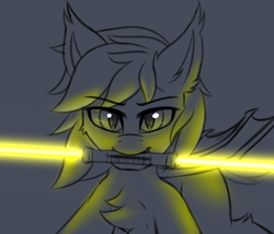 Size: 3500x3000 | Tagged: safe, artist:snowstormbat, oc, oc:midnight snowstorm, species:bat pony, chest fluff, crossover, lightsaber, looking at you, male, sketch, solo, star wars, weapon