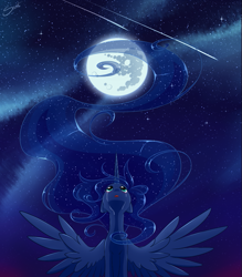 Size: 789x900 | Tagged: safe, artist:secret-pony, character:princess luna, crying, female, mare in the moon, moon, shooting star, solo, space, spread wings, wings