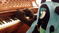 Size: 800x450 | Tagged: safe, artist:agatrix, character:queen chrysalis, species:changeling, changeling queen, female, irl, music, musical instrument, photo, piano, playing instrument, plushie, raised hoof, solo