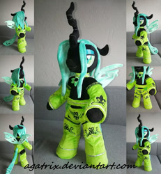Size: 1024x1109 | Tagged: safe, artist:agatrix, character:queen chrysalis, species:changeling, anthro plushie, bipedal, clothing, female, horn, irl, photo, plushie, semi-anthro, solo, wings