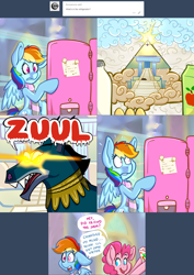 Size: 2562x3623 | Tagged: safe, artist:pippy, character:ahuizotl, character:pinkie pie, character:rainbow dash, species:pony, clothing, ghostbusters, pinkiepieskitchen, refrigerator, scarf, sweat, zuul
