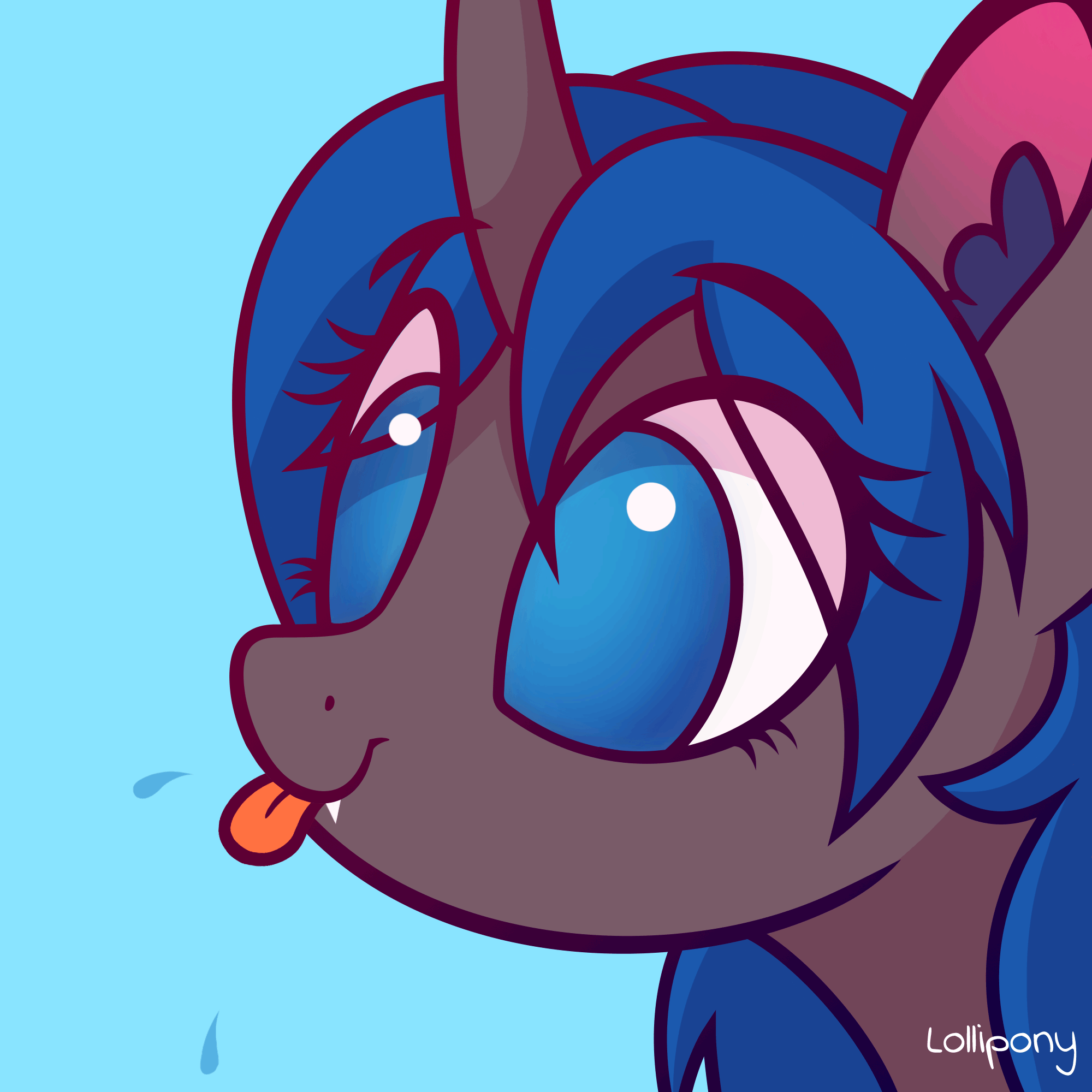 Size: 2000x2000 | Tagged: safe, artist:lollipony, part of a set, oc, oc only, oc:swift dawn, species:changeling, animated, blep, blue changeling, blue eyes, bust, changeling oc, commission, cute, cyan background, ear fluff, eye clipping through hair, eye shimmer, fangs, gif, high res, male, ocbetes, onomatopoeia, pbbtt, portrait, raspberry, raspberry noise, silly, silly face, simple background, smiling, solo, spit, spittle, tongue out, ych result
