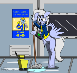 Size: 1943x1846 | Tagged: safe, artist:derpanater, oc, oc only, oc:custodia, species:pegasus, species:pony, fallout equestria, bucket, clothing, dirty, mop, pipbuck, poster, stable, vault suit