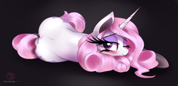 Size: 4654x2280 | Tagged: safe, artist:nevobaster, character:fleur-de-lis, species:pony, species:unicorn, adorasexy, black background, blushing, cute, dock, female, looking at you, mare, miss fleur is trying to seduce us, on side, one eye closed, sexy, simple background, stupid sexy fleur-de-lis, tail wrap