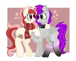Size: 3000x2423 | Tagged: safe, artist:redpalette, oc, oc only, oc:cotton rose, oc:red palette, species:pegasus, species:pony, species:unicorn, clothing, cute, dancing, female, lesbian, mare, scarf, socks