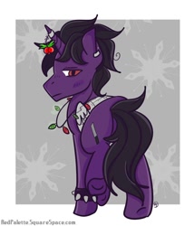 Size: 1280x1496 | Tagged: safe, artist:redpalette, oc, species:pony, species:unicorn, artificial wings, augmented, christmas, holiday, holly, male, not amused face, purple, stallion, wings