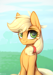 Size: 2480x3507 | Tagged: safe, artist:justafallingstar, character:applejack, species:earth pony, species:pony, bust, colored sketch, cute, eye clipping through hair, female, hatless, jackabetes, mare, missing accessory, redraw, sitting, smiling, solo