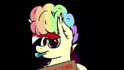 Size: 640x360 | Tagged: safe, artist:aaathebap, oc, oc:aaaaaaaaaaa, species:bat pony, species:pony, afro, anyway come to trotcon, bat pony oc, bat wings, male, multicolored hair, party horn, rainbow hair, simple background, solo, transparent background, trotcon, wings