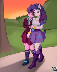 Size: 2297x2911 | Tagged: safe, artist:caoscore, character:rarity, character:suri polomare, species:anthro, ship:surity, my little pony:equestria girls, clothing, crystal prep academy uniform, female, holding hands, lesbian, looking at each other, park, school uniform, shipping, sunset