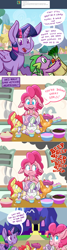 Size: 1280x4794 | Tagged: safe, artist:pippy, character:apple bloom, character:pinkie pie, character:scootaloo, character:spike, character:sweetie belle, character:twilight sparkle, character:twilight sparkle (alicorn), species:alicorn, species:pegasus, species:pony, apron, clothing, cupcake, cutie mark crusaders, fire, floppy ears, food, icing bag, magic, mouth hold, pinkiepieskitchen, scrunchy face, smoke, twilight's castle