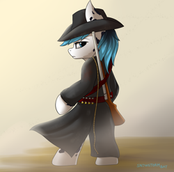 Size: 3027x2989 | Tagged: safe, artist:snowstormbat, oc, oc:dapples, species:earth pony, species:pony, ammunition, bipedal, clothing, cowboy hat, dirty, gun, hat, male, red dead redemption, rifle, rope, simple background, smoke, solo, stallion, trenchcoat, weapon