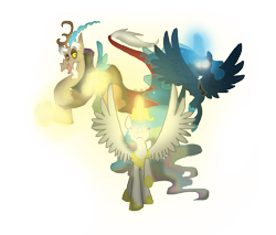 Size: 1229x1045 | Tagged: safe, artist:frankilew, character:discord, character:princess celestia, character:princess luna, species:alicorn, species:draconequus, species:pony, glowing eyes, spread wings, trio, wings