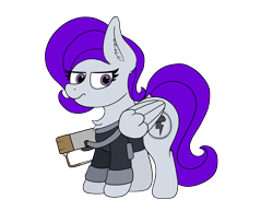 Size: 3000x2312 | Tagged: safe, artist:aaathebap, oc, oc only, oc:morning glory (project horizons), species:pegasus, species:pony, fallout equestria, fallout equestria: project horizons, brand, cute, dashite, dashite brand, fallout, fanfic, fanfic art, female, hooves, laser, laser rifle, mare, png, simple background, solo, standing, transparent background, unamused, wings