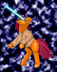 Size: 2211x2796 | Tagged: safe, artist:chili19, oc, oc only, oc:orange sky, species:earth pony, species:pony, abstract background, clothing, crossover, earth pony oc, lightsaber, male, mouth hold, rearing, solo, stallion, star wars, weapon